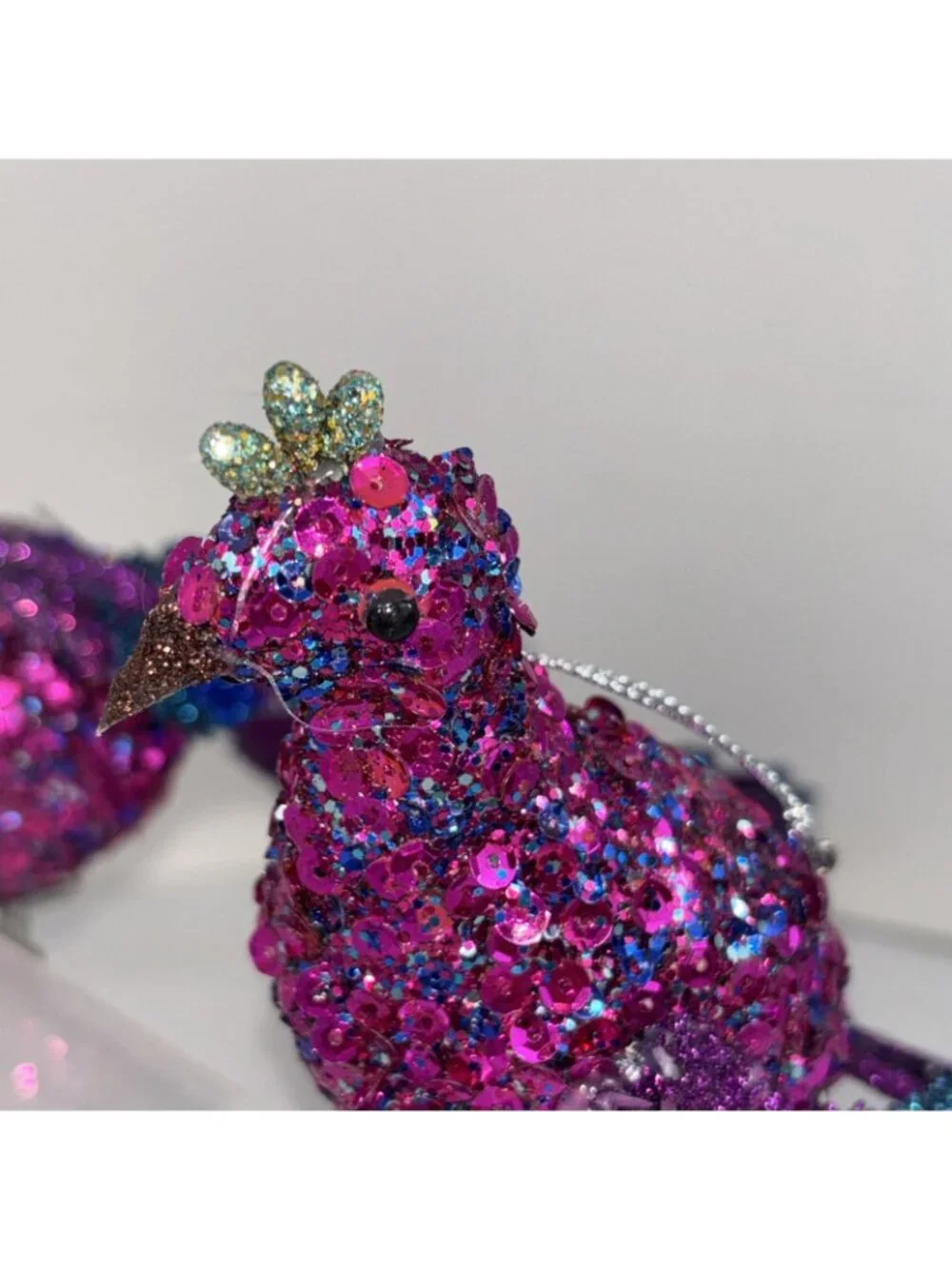Blue Violet Glitter Peacock 10” Christmas Tree Ornaments Clip On Set Of 2
